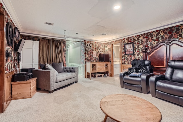 carpeted living room featuring a textured ceiling and ornamental molding