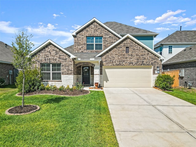 craftsman-style home with a garage and a front lawn