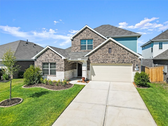 view of front of house with a front yard and a garage