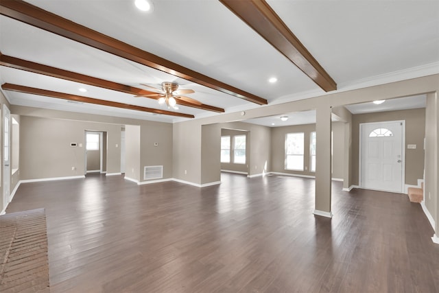 unfurnished living room featuring ceiling fan, beam ceiling, and dark hardwood / wood-style flooring