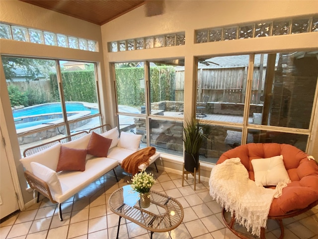 sunroom / solarium with vaulted ceiling and wood ceiling