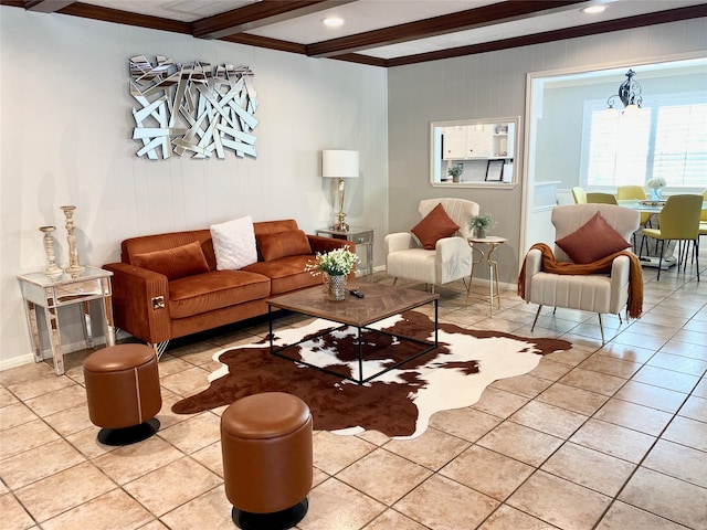 living room featuring beam ceiling, ornamental molding, and light tile patterned floors