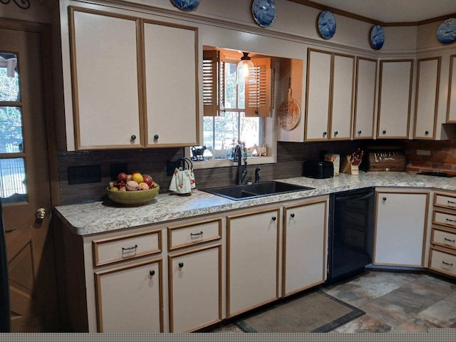 kitchen with ornamental molding, decorative backsplash, sink, and dishwasher