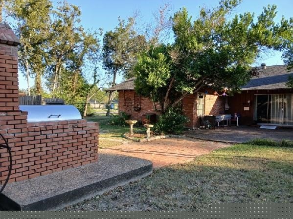 view of yard featuring an outdoor kitchen and a patio area