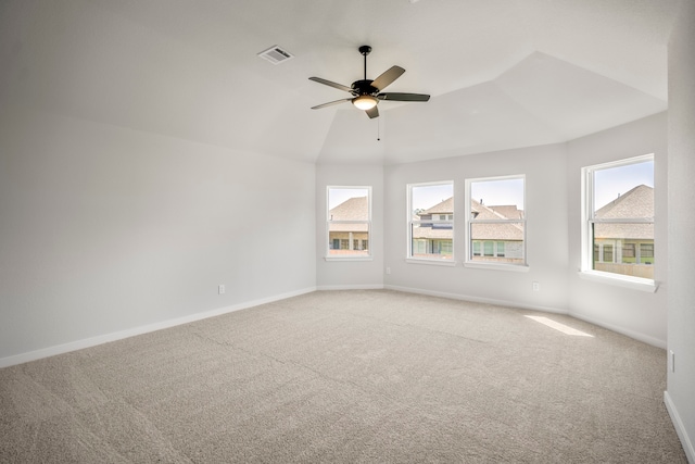 empty room with carpet flooring and ceiling fan