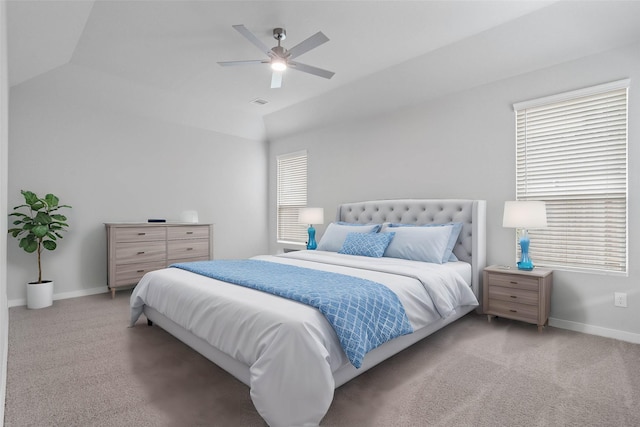 bedroom featuring carpet, ceiling fan, lofted ceiling, and baseboards