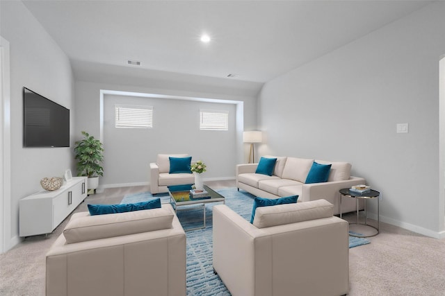 living area featuring visible vents, recessed lighting, light colored carpet, and baseboards