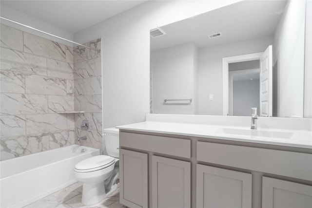 bathroom featuring visible vents, toilet, shower / tub combination, marble finish floor, and vanity