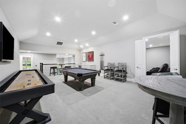 playroom featuring light carpet, lofted ceiling, and billiards