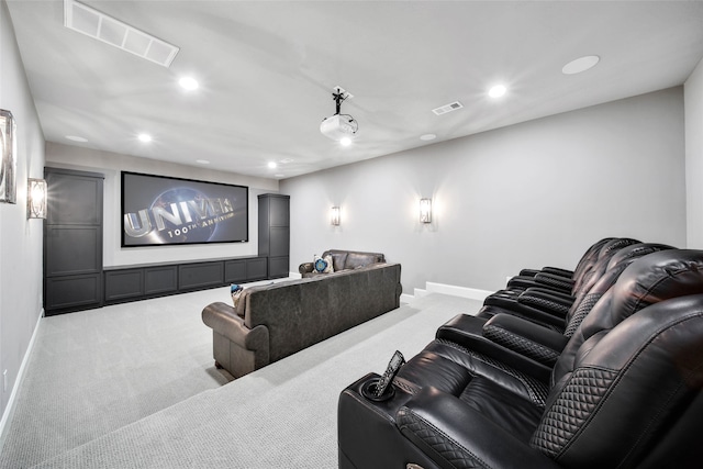 home theater with light colored carpet