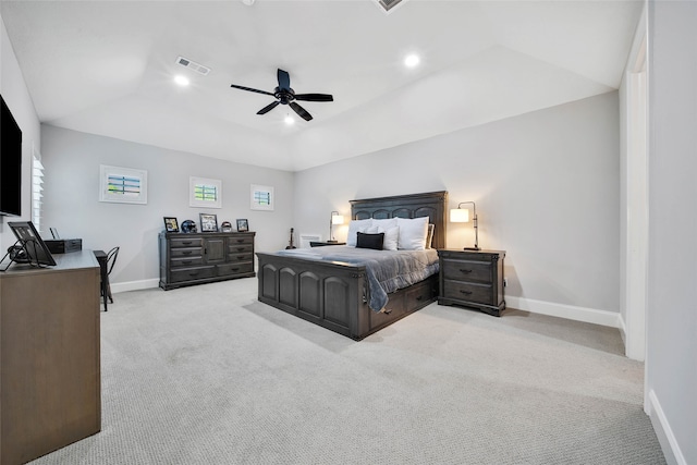 carpeted bedroom with ceiling fan and lofted ceiling