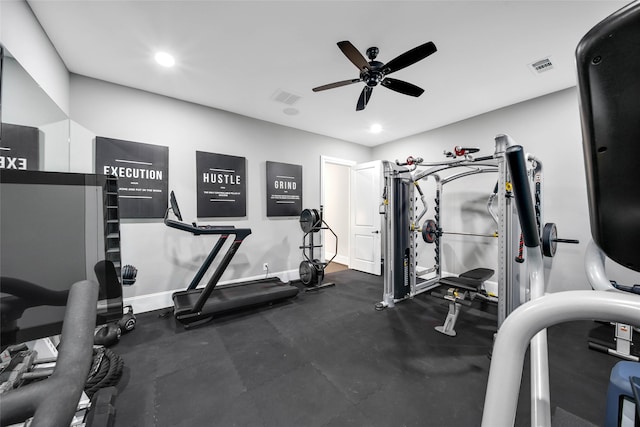 exercise room featuring ceiling fan