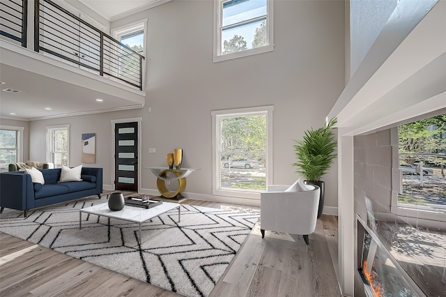 living room with light hardwood / wood-style floors, a towering ceiling, a wealth of natural light, and ornamental molding