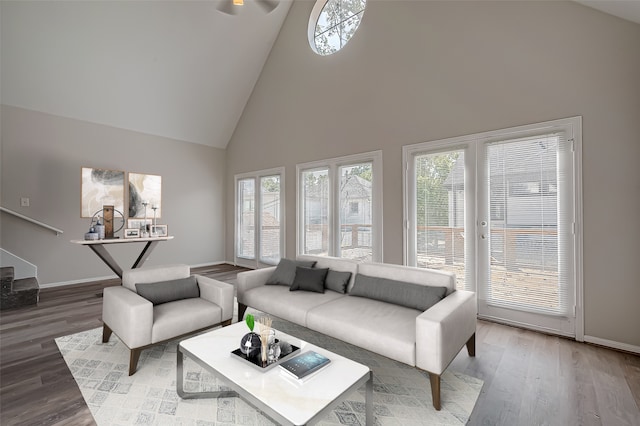 living room with wood-type flooring and high vaulted ceiling