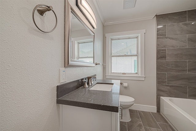 full bathroom featuring toilet, ornamental molding, hardwood / wood-style floors, tiled shower / bath combo, and vanity