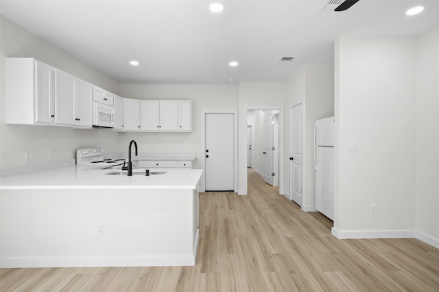 kitchen with sink, light hardwood / wood-style flooring, kitchen peninsula, white appliances, and white cabinets