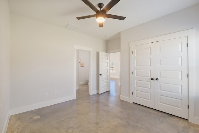 unfurnished bedroom with a closet and ceiling fan