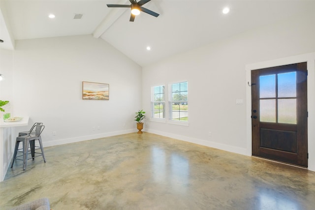 interior space with beam ceiling, high vaulted ceiling, concrete floors, and ceiling fan