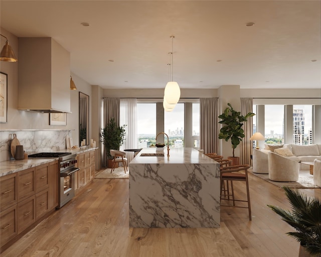 kitchen featuring high end stainless steel range oven, light hardwood / wood-style flooring, custom range hood, sink, and decorative light fixtures