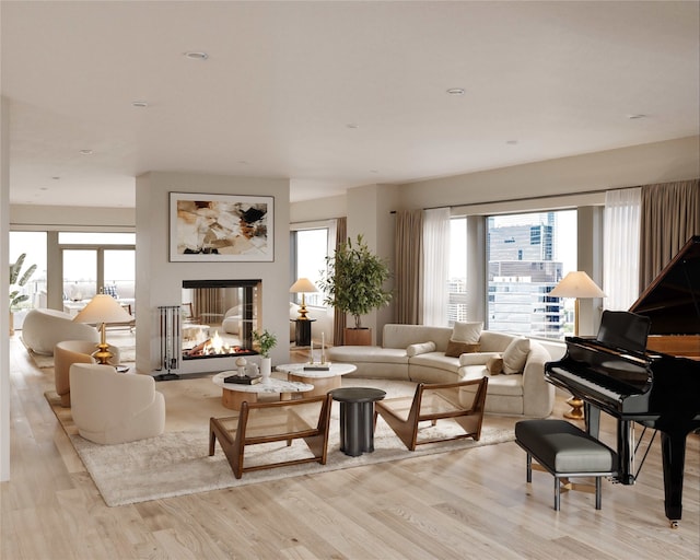 living room featuring a multi sided fireplace and light wood-type flooring