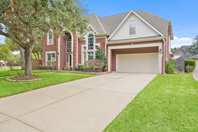 view of front of house featuring a front lawn and a garage