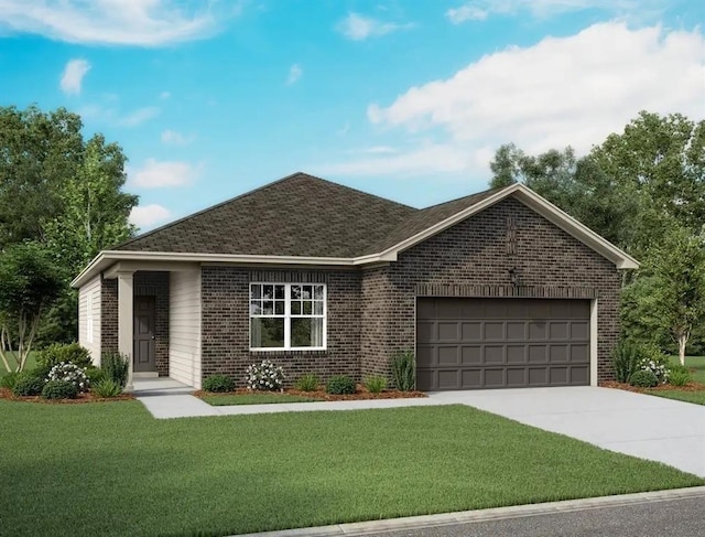 single story home featuring a garage and a front yard