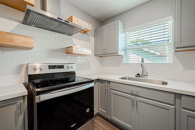 kitchen featuring wall chimney exhaust hood, stainless steel electric stove, sink, and backsplash