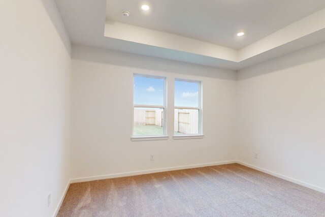 spare room featuring light carpet and a tray ceiling