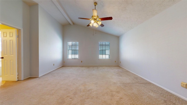 unfurnished room featuring light carpet, ceiling fan, and lofted ceiling