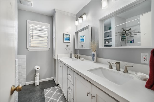 bathroom featuring walk in shower, vanity, and tile patterned flooring