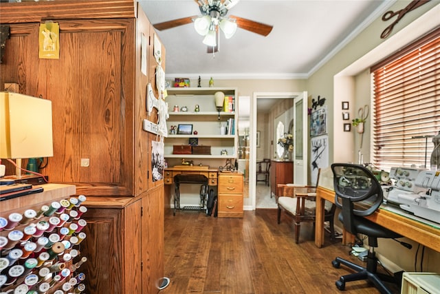 office with crown molding, dark hardwood / wood-style floors, and ceiling fan