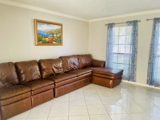 living room with crown molding and light tile patterned floors