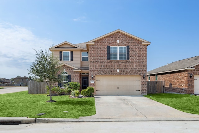 view of property with a front lawn and a garage