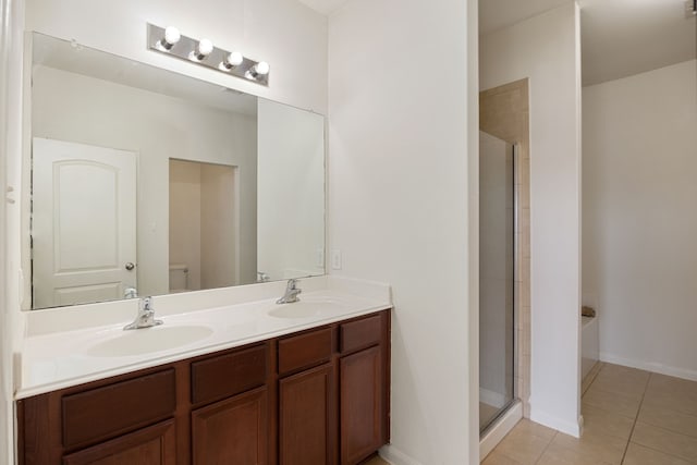 bathroom with tile patterned flooring, vanity, and an enclosed shower