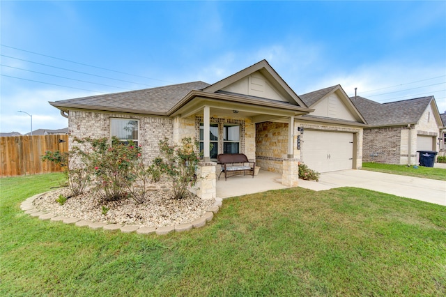 ranch-style home with a front yard and a garage