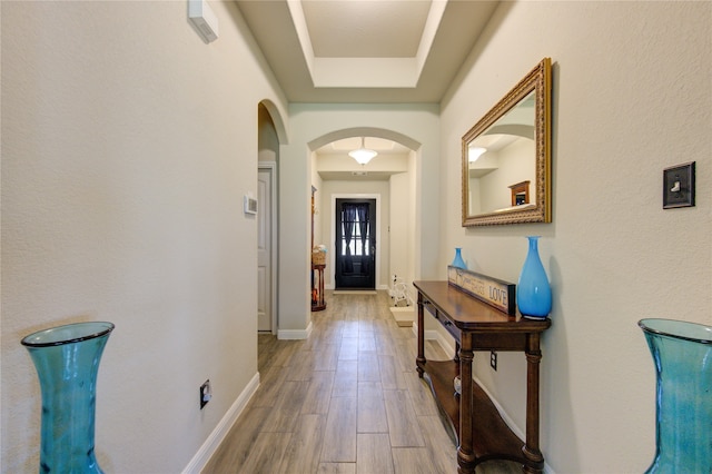 interior space with a raised ceiling and hardwood / wood-style floors