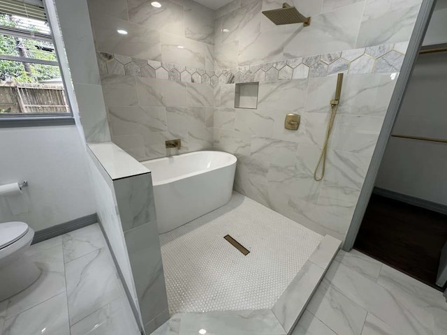 bathroom featuring separate shower and tub, tile walls, and toilet