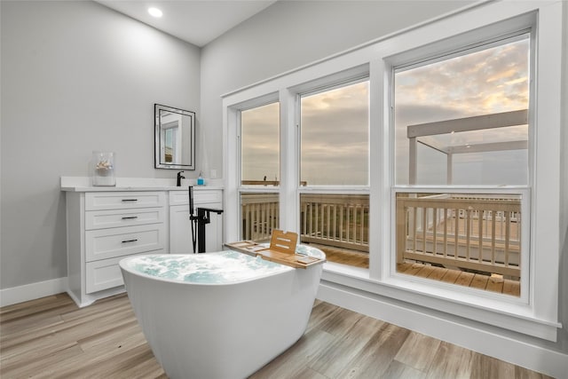 555 Pompano Dr Unit Q, Freeport, TX 77541 - interior space featuring wood finished floors, vanity, a freestanding bath, baseboards, and recessed lighting