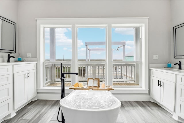 bathroom with plenty of natural light, vanity, and hardwood / wood-style floors