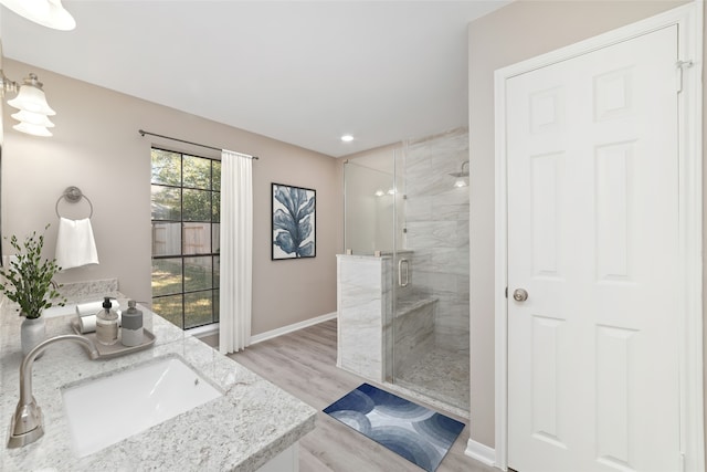 bathroom with vanity, hardwood / wood-style flooring, and an enclosed shower