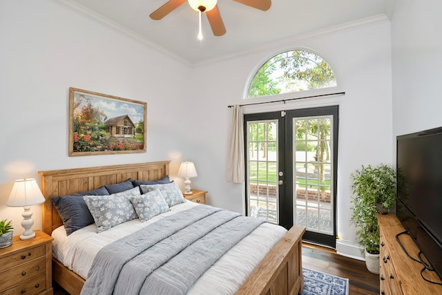 bedroom with ceiling fan, dark wood-type flooring, access to outside, french doors, and ornamental molding