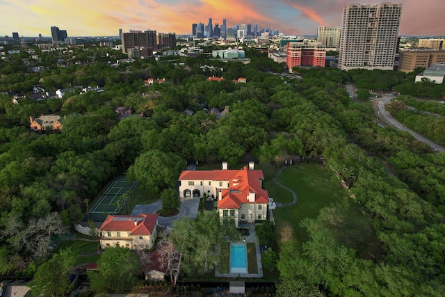 view of aerial view at dusk