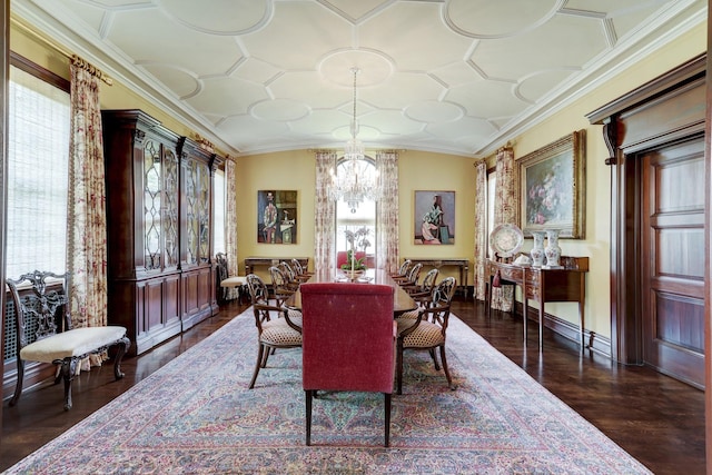 dining room featuring baseboards, ornamental molding, a notable chandelier, and dark wood-type flooring