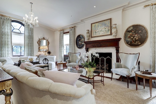 living area featuring a wealth of natural light, a premium fireplace, ornamental molding, and a notable chandelier