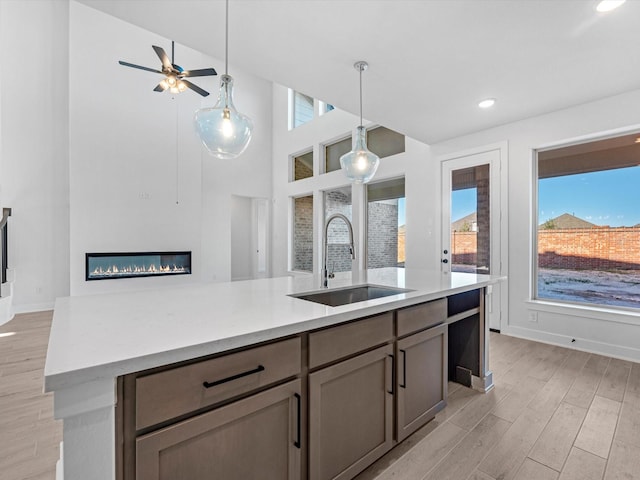 kitchen featuring light wood-type flooring, a kitchen island with sink, plenty of natural light, and sink