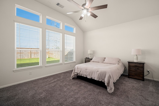 carpeted bedroom featuring vaulted ceiling and ceiling fan