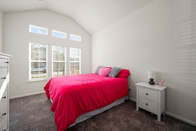 bedroom with dark colored carpet and vaulted ceiling