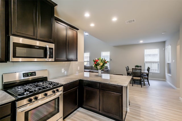 kitchen featuring light wood-type flooring, dark brown cabinets, decorative backsplash, kitchen peninsula, and appliances with stainless steel finishes