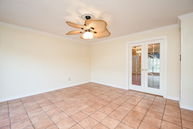 tiled spare room featuring french doors, ornamental molding, and ceiling fan