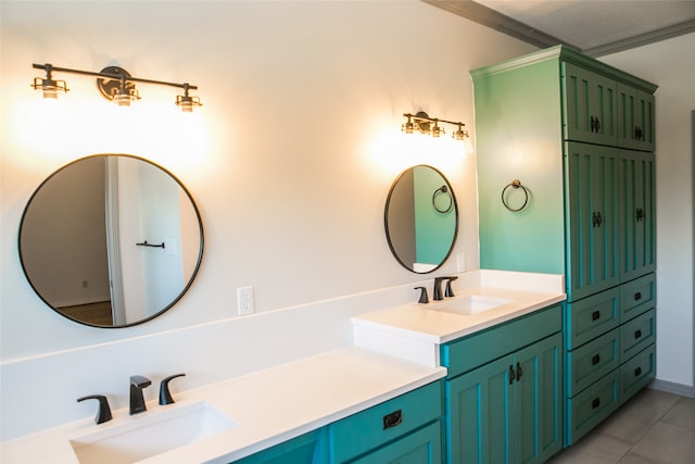 bathroom with tile patterned flooring, vanity, and ornamental molding